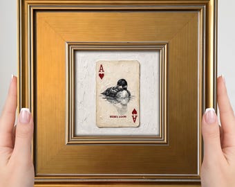 Mini cuadro de colimbo – Colimbo rebelde As de Corazones, pequeño cuadro enmarcado para pared, decoración para casa de lago