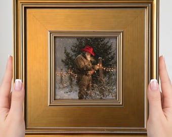 Cuadro navideño de Papá Noel vaquero: pequeño cuadro de pared enmarcado, decoración navideña del Oeste.