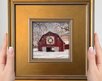 Mini cuadro de colcha Red Barn - Cuadro pequeño enmarcado para pared, decoración navideña de estilo rústico.