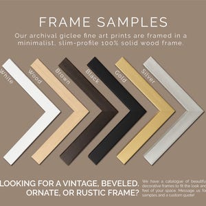 Frame Samples. Our standard frames feature a modern slim-profile finish without bevels or flourishes. Please inquire for beveled, ornate and rustic frame options.