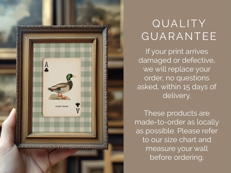 May include: A framed print showing an Ace of Clubs playing card with a duck illustration. The card is set against a green and white checked background, within a gold-toned frame. The text "LUCKY DUCK" is visible.