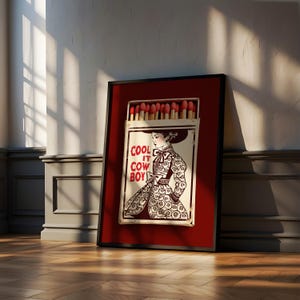 Bordeauxrode muurdecoratie – Cool It Cowboy Matchbox print, Americana decor afbeelding 12