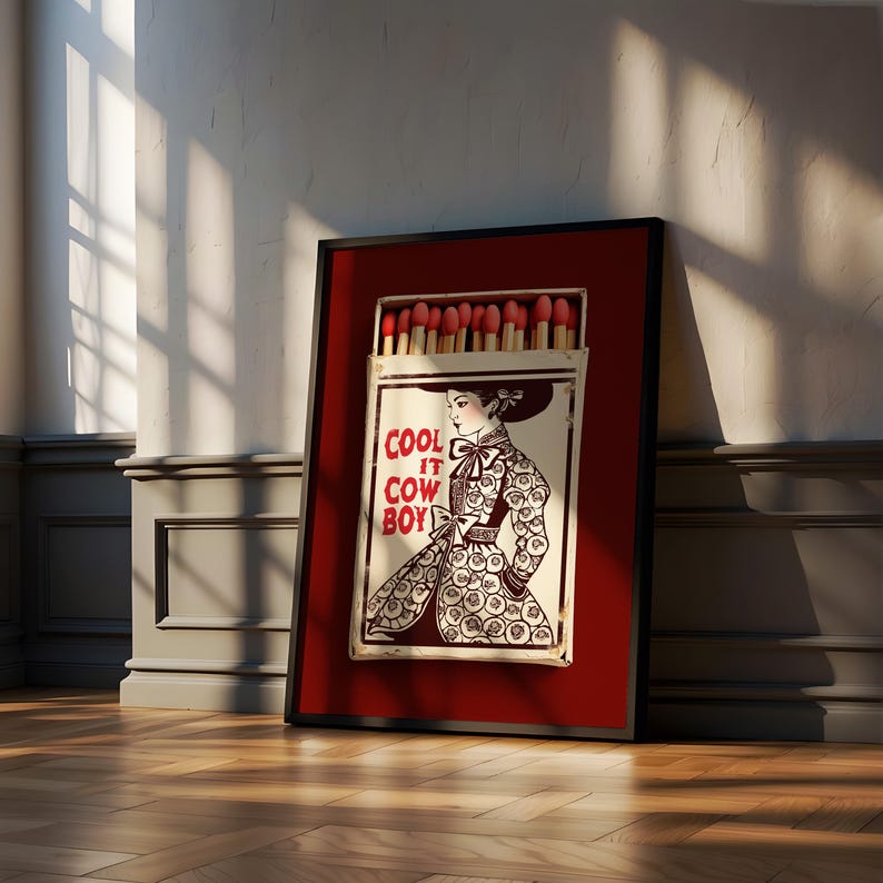 Bordeauxrode muurdecoratie – Cool It Cowboy Matchbox print, Americana decor afbeelding 12