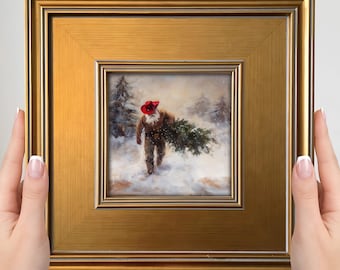 Mini cuadro de Papá Noel vaquero: pequeño cuadro navideño del Oeste enmarcado, un encanto navideño para la pared.
