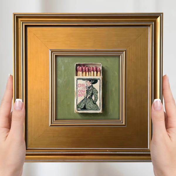 Cowgirl Mini Painting – Cool It Cowboy Small Framed Wall Art, Retro Pink Green Dorm Decor