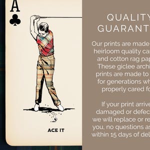 May include: A playing card with a golf-themed illustration. The card is the Ace of Clubs, with a golfer in plaid pants and a red and plaid shirt mid-swing. The text "ACE IT" is at the bottom.