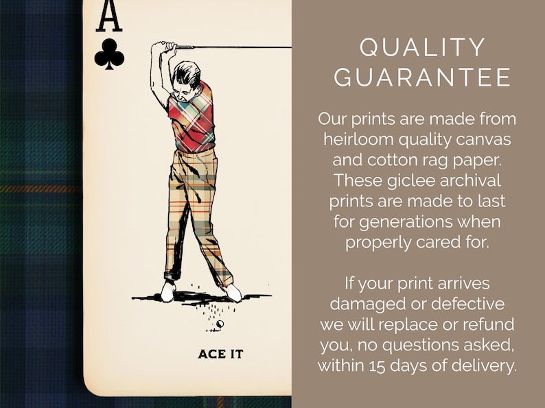 May include: A playing card with a golf-themed illustration. The card is the Ace of Clubs, with a golfer in plaid pants and a red and plaid shirt mid-swing. The text "ACE IT" is at the bottom.