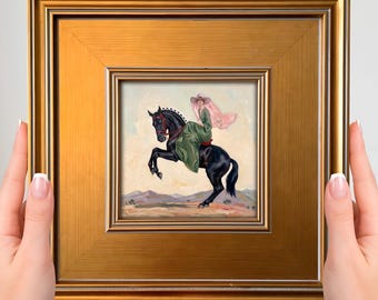 Whimsical Equestrian Mini Painting – Small Framed Art Print, Horse Girl Decor