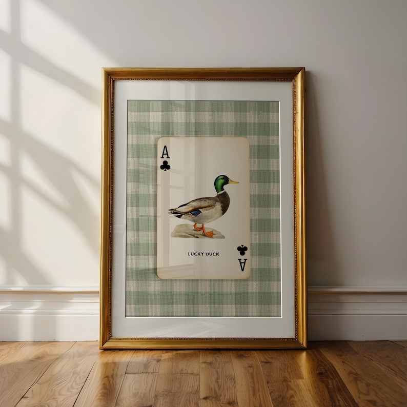 Framed mallard duck ace of clubs art print with sage green gingham background, perfect for cottage boy’s room or vintage nursery and kid's room decor