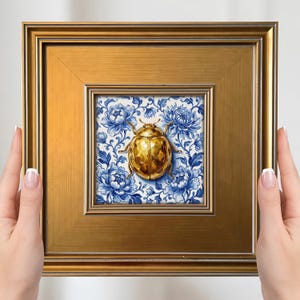 Mini cuadro de mariquita – Cuadro pequeño de estilo chinoiserie, amuleto dorado de la suerte para la pared, decoración rústica.