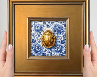 Mini cuadro de mariquita – Cuadro pequeño de estilo chinoiserie, amuleto dorado de la suerte para la pared, decoración rústica.