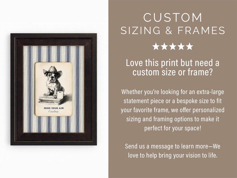 May include: Framed artwork featuring a bulldog wearing a cowboy hat, with the text "MIND YOUR AIM Cowboy." The artwork is set against a blue and white striped background, encased in a dark brown frame. A unique piece for home decor.