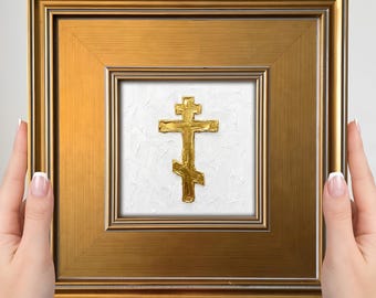 Mini cuadro de cruz ortodoxa – Pequeño cuadro cristiano para pared, decoración con cruz dorada