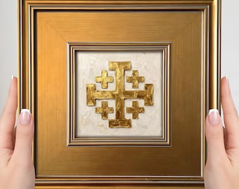 Mini cuadro de la Cruz de Jerusalén – Pequeño cuadro cristiano para pared, decoración con cruz dorada