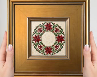 Mini cuadro de corona navideña con diseño de colcha de granero – Cuadro pequeño enmarcado para pared, decoración navideña de estilo americano.