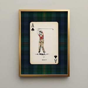 Vintage golf art: A framed print featuring a playing card design. The card is the Ace of Clubs, with an illustration of a golfer mid-swing. The background is a green and blue plaid pattern, and the frame is gold. The text "ACE IT" is printed on the card. Perfect dad gift, grandpa gift or retirement gift.