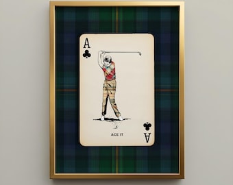 Navy Plaid Golf Poster – Playing Card Wall Art, Vintage Country Club Decor, Preppy Masculine Office Furnishings, Custom Golfer Grandpa Gift