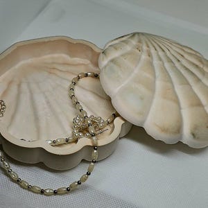 Puede incluir: Una caja de joyería de cerámica blanca con forma de concha marina con un collar de perlas en su interior. La caja tiene forma de concha marina y tiene una tapa que se abre para revelar el interior.