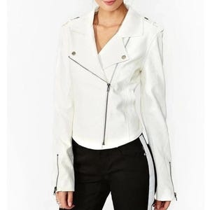 Weiße Damen Moto / Casual Echtlederjacke, Damen Biker Lederjacke