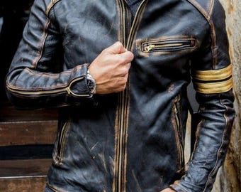 Men’s Motorcycle Biker Vintage Cafe Racer Distressed Black Real Leather Jacket -