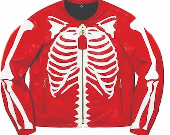 Men&#39;s Leather Jacket Motorcycle Skeleton Biker Genuine Cow Leather Jacket + Pant