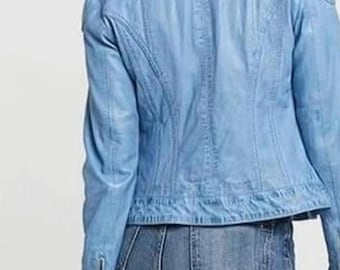 Sky Blue Lambskin Leather Moto Jacket, Women's Biker Style