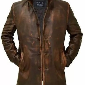 Men&#39;s New Western Distressed Sheepskin Sheriff Long Real Leather Jacket overcoat