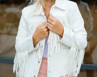 White Lambskin Leather Fringed Jacket, Western Style