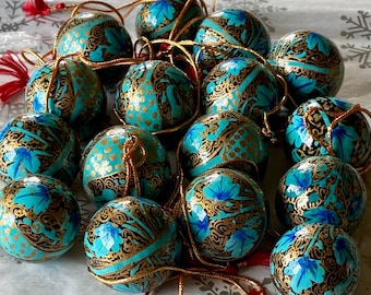 Handmade Papier-Mâché Christmas Ornament: Turquoise, Blue & Gold Bauble