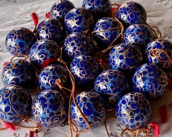 Handmade Papier-Mâché Christmas Ornament: Blue and Gold Floral Bauble