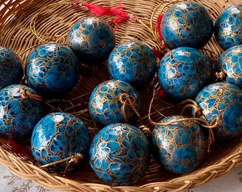Handmade Papier-Mâché Christmas Ornament: Blue and Gold Floral Bauble