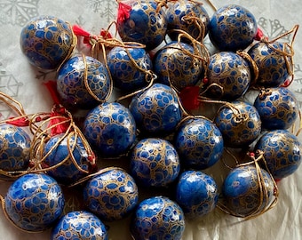 Handmade Papier-Mâché Christmas Bauble: Blue & Gold Floral Ornament