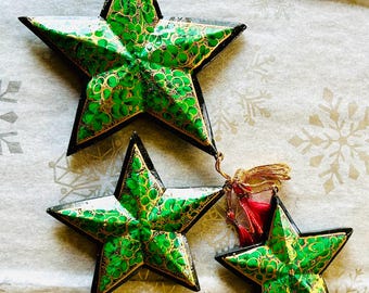 Handmade Papier-Mache Christmas Star Ornaments: Green & Gold Decor (Set of 3)