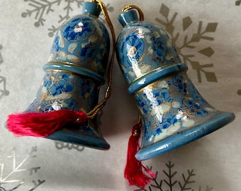 Christmas Ornaments Bell 3 inch Handmade papier-mâché Christmas decor paper Mache Light Blue