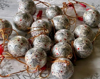 Handmade Papier-Mâché Christmas Ball Ornament: Red, White & Silver, Indian Floral Design