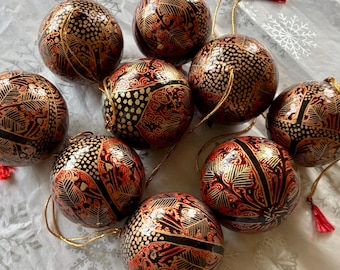 Handmade Papier-Mâché Christmas Ball Ornament: Red, Black & Gold Bauble