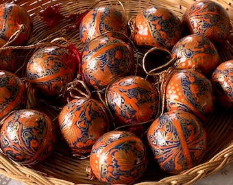 Handmade Papier-Mâché Christmas Ornament: Blue & Orange Floral Bauble