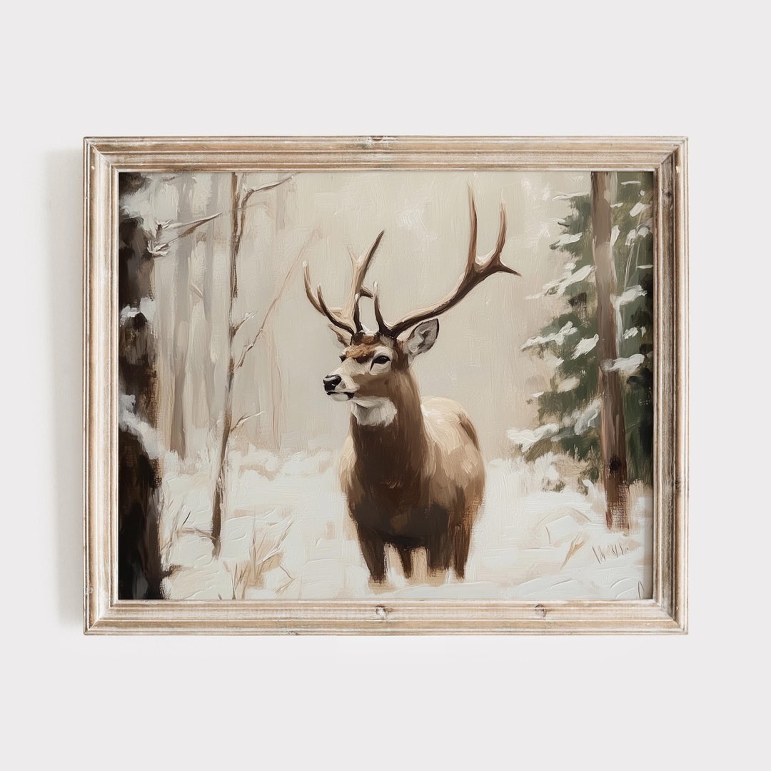 Vintage Deer Painting Landscape Christmas Frame Art Xmas Wall Art ...