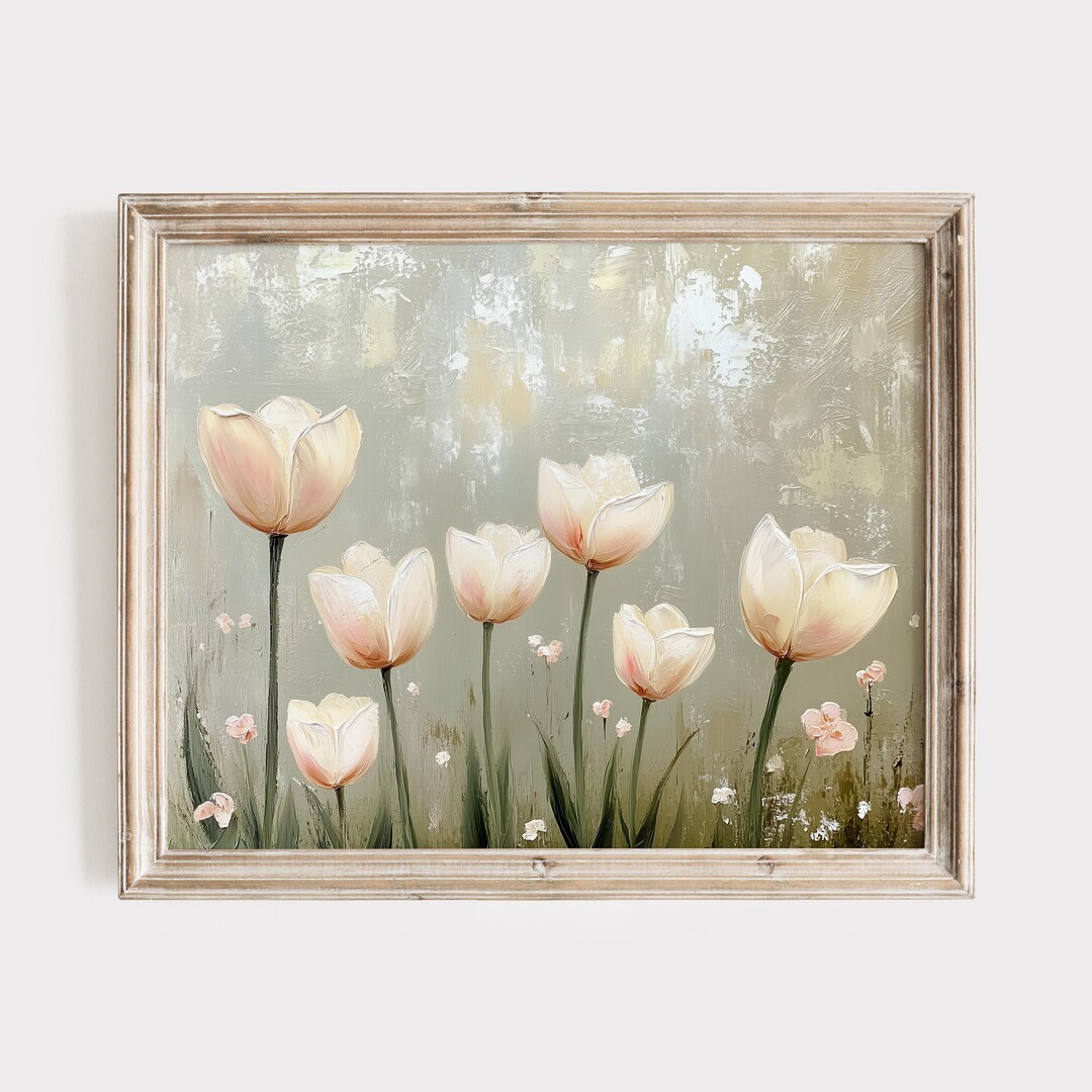 Vintage Neutral Tulip Oil Painting | Printable Elegant Floral Wall Art ...