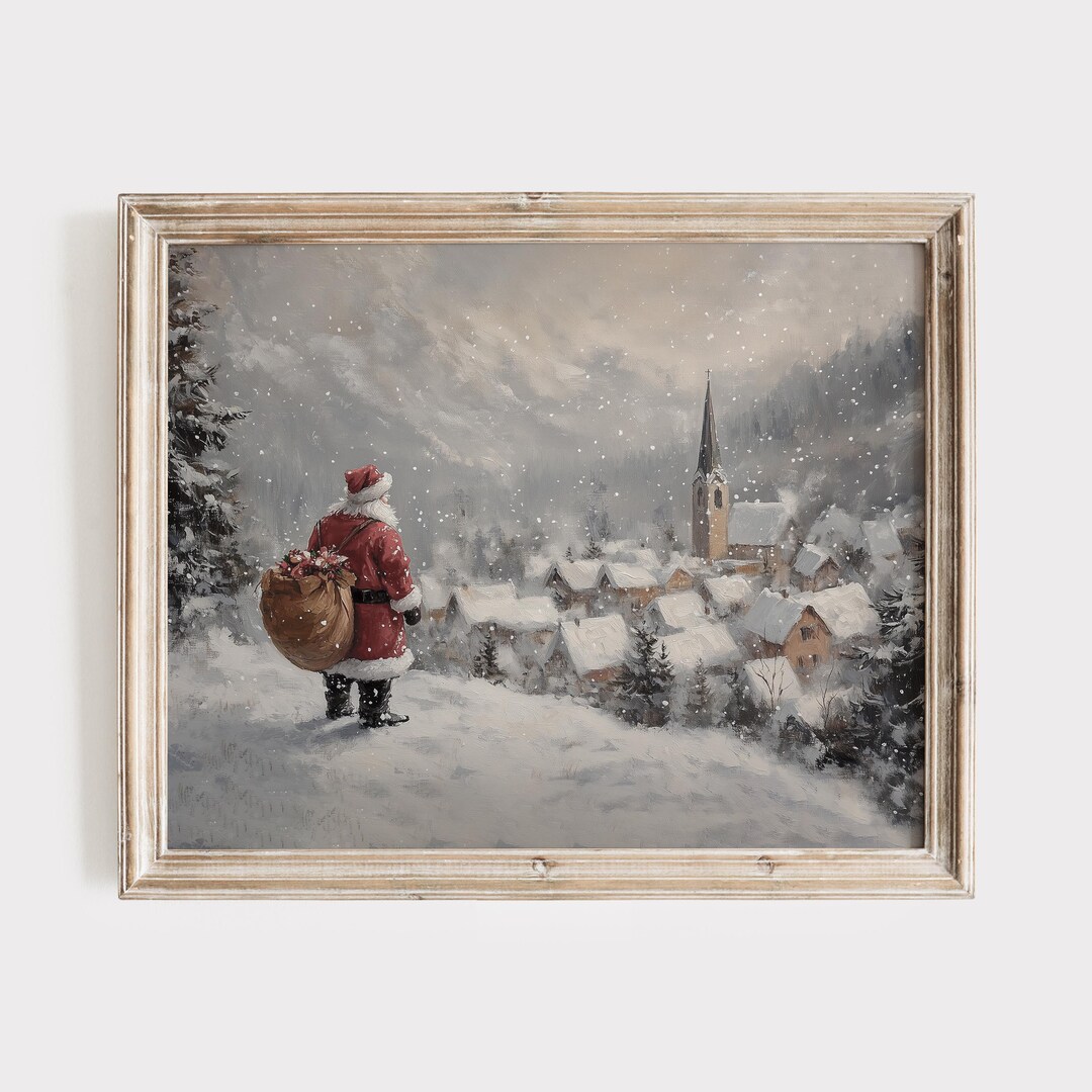 Vintage Santa Claus Snowy Village Painting | Christmas Wall Art | Cozy ...