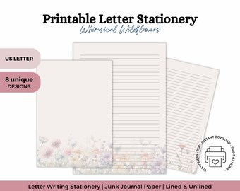印刷可能な気まぐれな野花の手紙書き文房具 | 筆記用紙、ノート、メモ、ジャンクジャーナル | 罫線あり・罫線なし | 8 つのユニークなスタイル