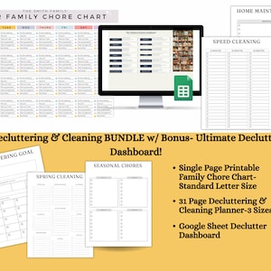 May include: A printable family chore chart, decluttering goal sheet, and seasonal chore checklist. The printable charts are in black and white with a simple design. The text on the image reads "Our Family Chore Chart", "Decluttering Goal", "Seasonal Chores", and "Spring Cleaning".