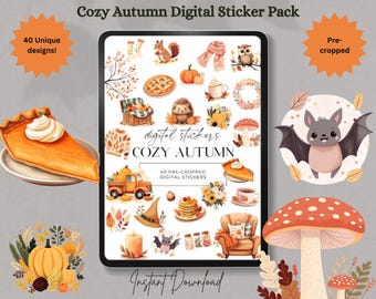 Puede incluir: Un paquete de pegatinas digitales con temática de otoño acogedor. La imagen presenta una tableta que muestra varias pegatinas precortadas, incluyendo calabazas, pastel, un murciélago y un búho. El texto en la imagen dice "Cozy Autumn" y "40 Unique designs!"