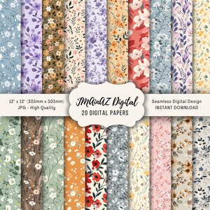 Cottagecore Floral Nahtloses Digitales Papier Pack | 20er Pack, 12x12 | Für Digitale Scrapbooks, Junk Journals | Drucken oder digital verwenden