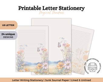 Afdrukbare magische weiden brief schrijven briefpapier | Bloemenbriefpapier, notities, memo's, junkjournaal | Gevoerd en ongevoerd | 24 unieke stijlen