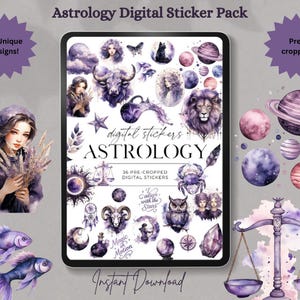 Astrology Digital Sticker Pack | 36 Pre-Cropped PNG Digital Stickers for Digital Planners, Scrapbooks, Junk Journals | Personal Use or POD