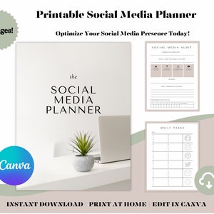 Puede incluir: Un planificador de redes sociales imprimible de 38 páginas. El planificador incluye una auditoría de redes sociales, tareas diarias y un logotipo de Canva. El texto "the SOCIAL MEDIA PLANNER" aparece en la portada.