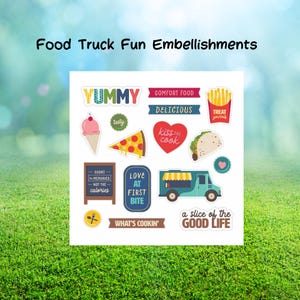 Enfeites divertidos de food truck para scrapbooking, cartões ou diários de recordações | Memórias criativas | 16 enfeites recortados