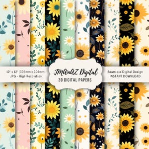 Gelbe Sonnenblumen Muster | 30er Pack, 12x12 | Für Digitale Scrapbooks, Junk Journals | Drucken oder digital verwenden