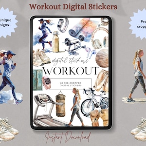 Digitale workoutstickers | 40 voorgesneden digitale png-stickers voor digitale planners, digitale scrapbooking | Gezondheid, fitness, fitness, fitness